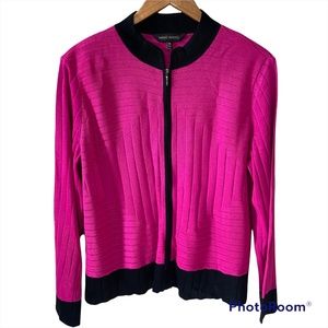 Ming Wang Fuchsia Pink Black Ribbed Acrylic Knit Zip Cardigan Sweater Jacket XL